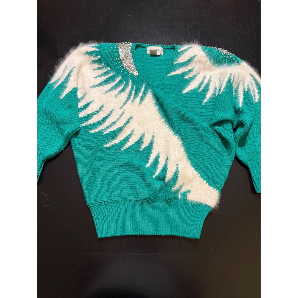 Vintage Christine 80s Teal Angora Blend Beaded Batwing Sweater Large
